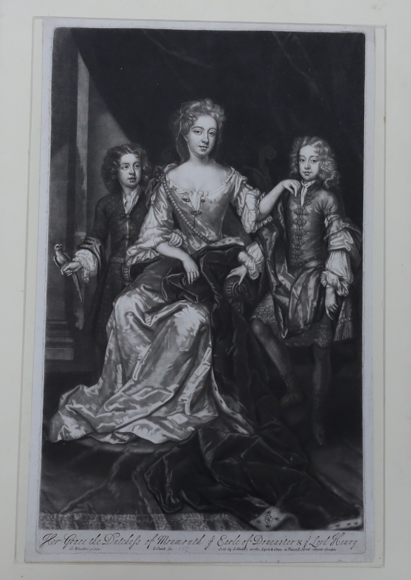 After Sir Godfrey Kneller (1646-1723), two mezzotints, Sir John Vanbrugh and Her Grace Duchess of Monmouth, sold by I Smith, largest 43 x 27cm